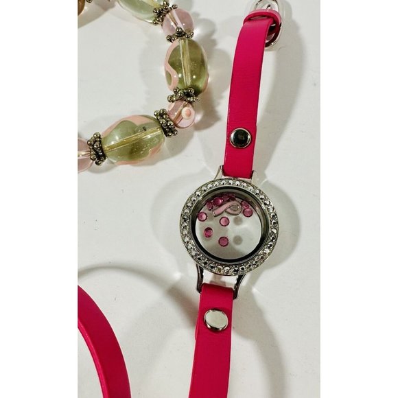 Breast Cancer Awareness Bracelet Set Origami Owl Rhinestone Bracelet Pink Ribbon - Picture 2 of 8